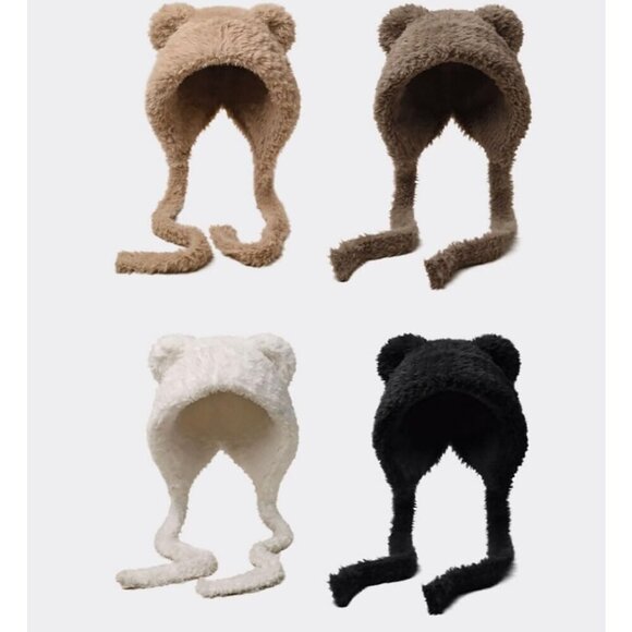 Women Khaki Winter Beanie Hats Knit Ear Flaps Cute Stuffed Bear Ears Fleece